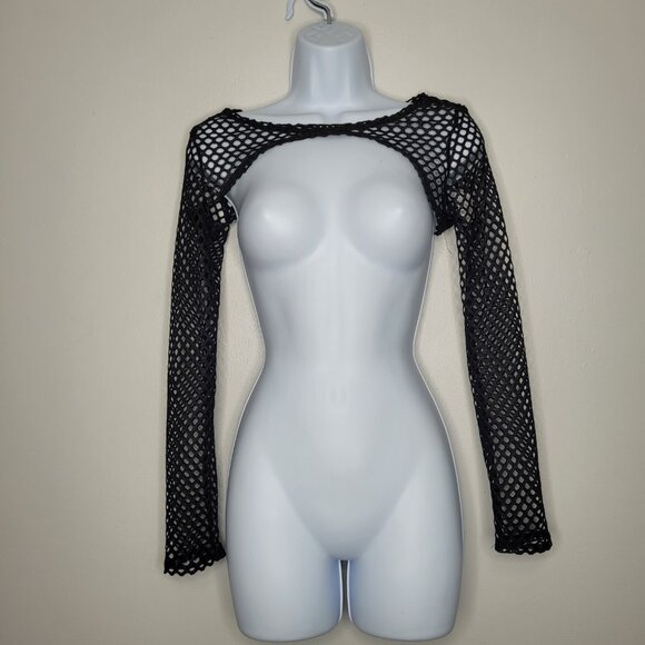 black net open knit extreme crop rave club kid long sleeve party layering top s - Picture 1 of 4